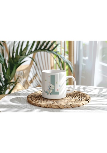 L Harfi Sevimli Dinozor Kupa Bardak - Açık Yeşil Yıldız Detaylı Dino Tasarım - Hediye Beyaz