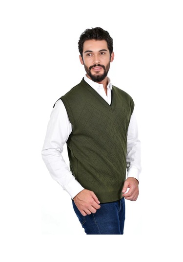 Kamalı Haki Erkek Çelik Örgü Intersiye Kışlık Kalın Triko V Yaka Triko Örgü Tüylenmez Süveter Haki