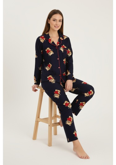 Luxury Soft Lacivert Ayıcık Desenli Uzun Kollu Kadın Pijama Takımı 3057 Siyah