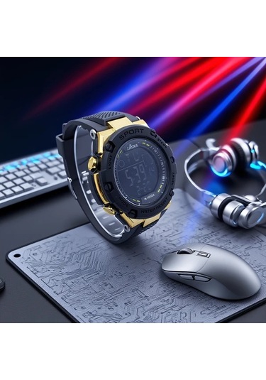 Primepickings Siyah Altın Erkek Spor Dijital Alarmlı Su Geçirmez Lüminesant Kadranlı Genç Saati Diğer