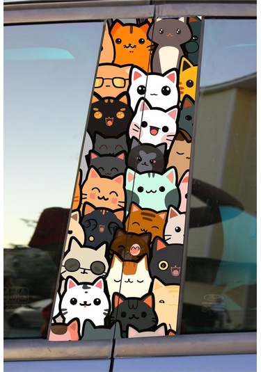 Çılgın Kediler Baskılı Araç Kapı Direk Kaplama Folyo Sticker 2'li Sağ&sol