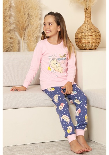 Kız Çocuk %100 Pamuk İnterlok Kumaş Pijama Takımı 6-15 Yaş 12421 Pembe