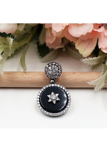 Zirkon Taşlı Oniks Taş Üzerinde Yıldız Set Rose Gold - Gümüş