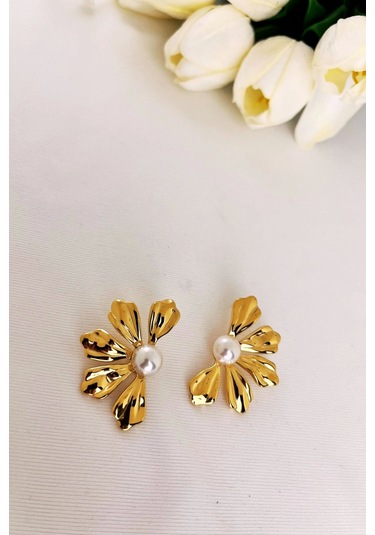 İncili Çiçek Gold Küpe Çok Renkli