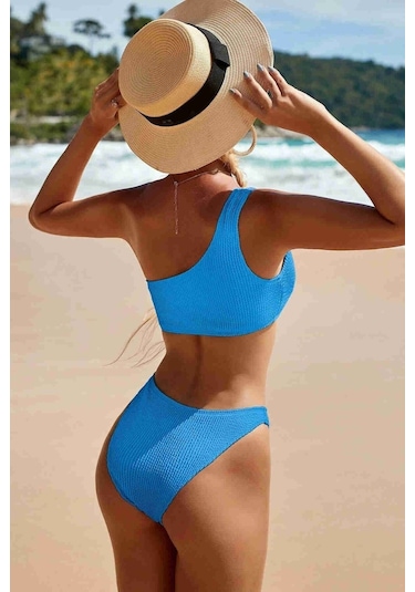 Angelsin Özel Fitilli Kumaş Bikini Takım Mavi 001