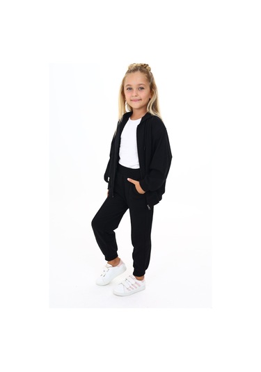 Toontoy Kız Çocuk Yarasa Kol Armalı Eşofman Takım Siyah