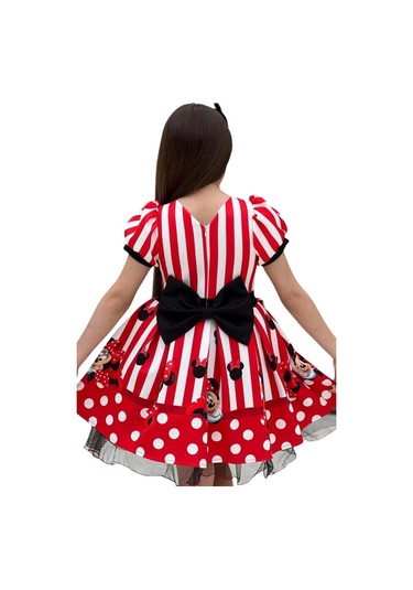 Riccotarz Kız Çocuk Üzeri Mc Maymun Baskılı Şerit Ve Çizgi Detaylı Kırmızı Elbise Kırmızı