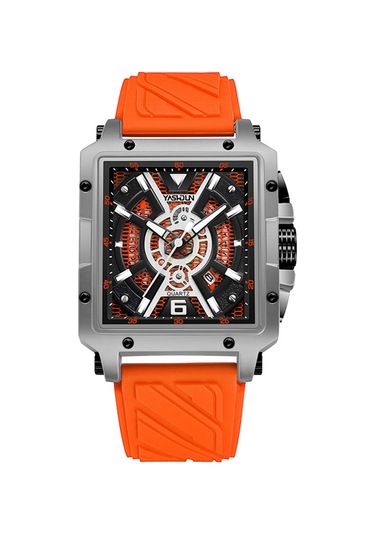 Yashıdun 5071 Şık Kare Kuvars Saat Silikon Kayış Erkekler Aydınlık Bilek Saati - Gümüş Kadran / Turuncu Kayış