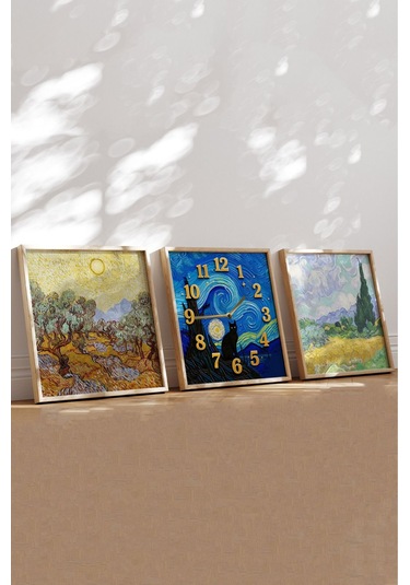 Van Gogh Esintili 3'lü Tablo Seti Kedi Saatli Ahşap Çerçeveli Mdf Tasarım Renkli
