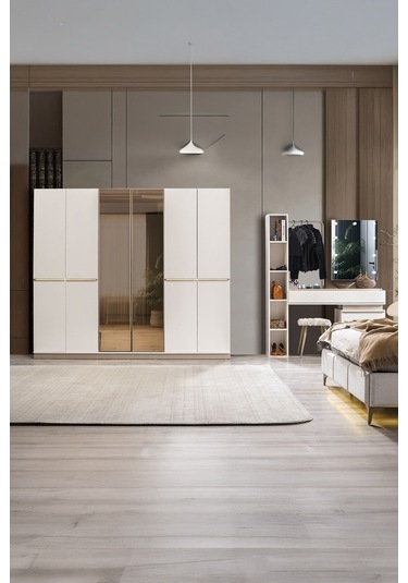Alfa 6 Kapaklı Aynalı Mdf Gardırop Bej