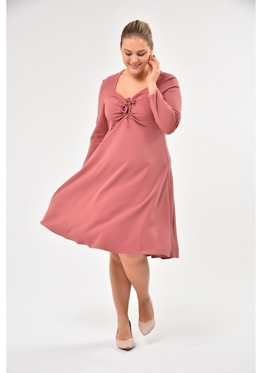 Scuba Göğsü Bağlama Detaylı Uzun Kol Mevsimlik Midi Boy Elbise 001