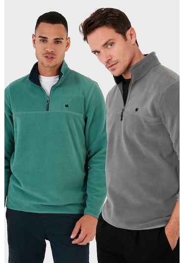 Buratti Slim Fit Anti-Pilling Tüylenme Yapmayan Bato Yaka Şardonlu 2'Li Paket Erkek Polar 5906001S2 Benetton-Gri