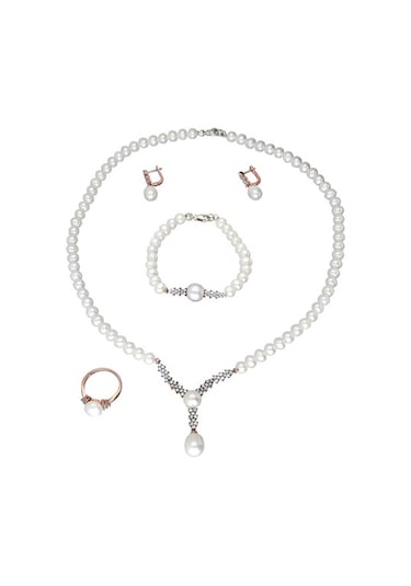 Chavin Inci Rose Gümüş Kolye Küpe Bileklik Yüzük Takım Set Ds43