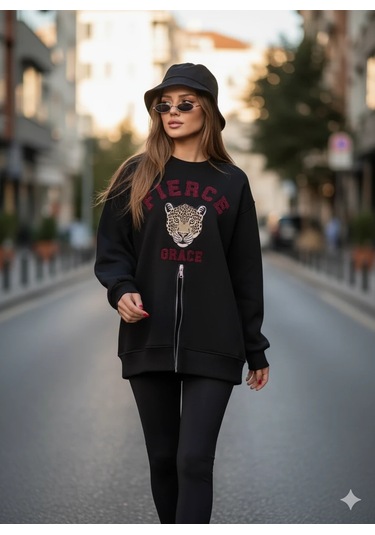 Fermuarlı Leopar Baskılı Oversize Siyah Sweat Siyah