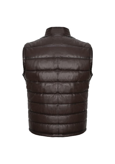 Hakiki Deri Şişme Fermuarlı Erkek Yelek Kahverengi Kahverengi