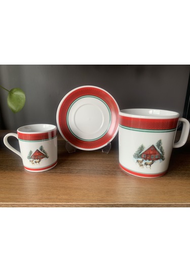Yeni Yıl-noel Geyikli Ev Model 6 Parça 2 Kişilik Kupa Ve Türk Kahvesi Fincanı Takımı Çok Renkli