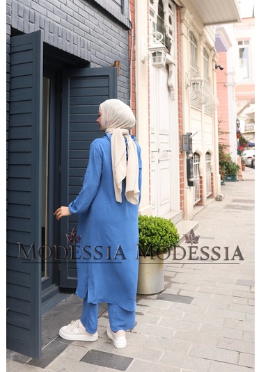 Kadın Mavi Aerobin Uzun Kapşonlu İkili Takım T0219 Mavi