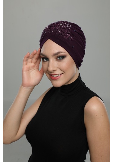 Kopma Astarlı İşlemeli Mor Dantel Motifli Hazır Türban Tesettür Abiye Bone Mor