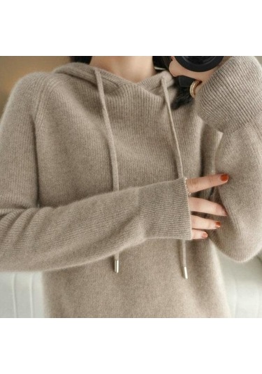 Novahub Kadın Hoodie Uzun Kollu Rahat Sıcak Düz Renk Örgü Kazak Kış Üstü Gri Renk Sonbahar Kış Giyim Gri