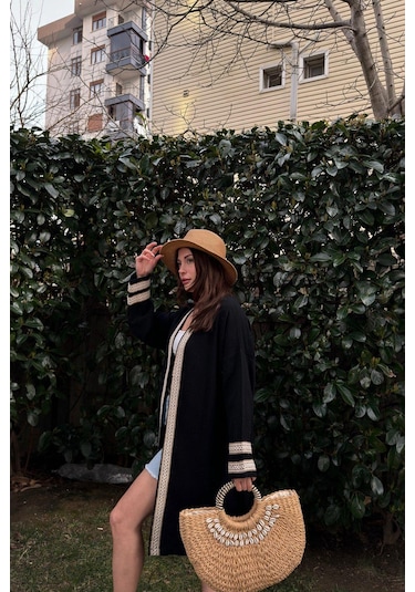 Kadın Siyah Müslin Kumaş, Hasır Şerit Detaylı Salaş Kimono Ceket Siyah