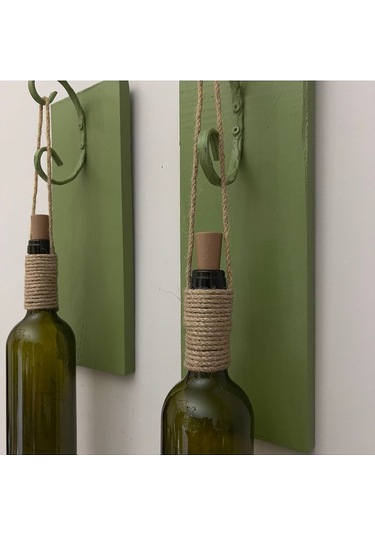 Led Işıklı Yeşil Ahşap Renkli Retro Şarap Şişesi Duvar Aplik 2'li Set Yeşil