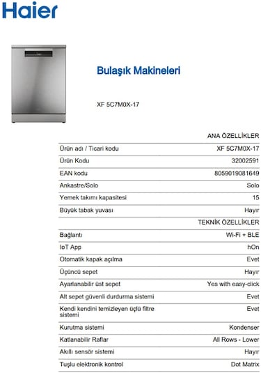 Haier XF 5C7M0X-17 8 Programlı 15 Kişilik Wi-Fi + Bluetooth Bağlantılı Bulaşık Makinesi
