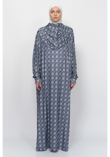 Pratik Tek Parça Güneş Desenli Kollu Tak Çıkar Başörtülü Likralı Tesettür Namaz Elbisesi 990-0302 Lacivert Antrasit