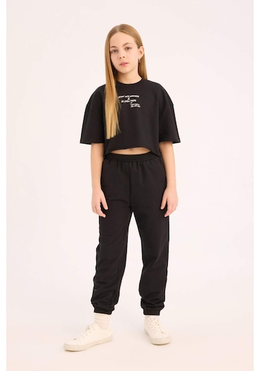 DeFacto Kız Çocuk 2'li Takım Bisiklet Yaka Baskılı Kısa Kollu Tişört Beli Paçası Lastikli Eşofman Altı Z8983A625SMBK81 Siyah