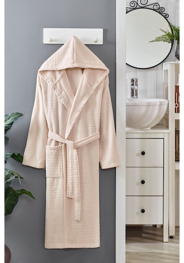 Formeya Pamuklu Kapüşonlu Bornoz Unisex Bornoz Bej