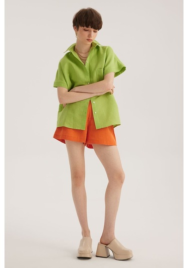 Stella Pulvis Yeşil Keten Karışımlı Tek Cep Düşük Kol Gömlek Yeşil