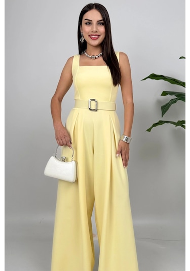 Noir Flow Kadın Sarı Kemerli Askılı Bol Paça Tulum Zarif Şıklık Sarı