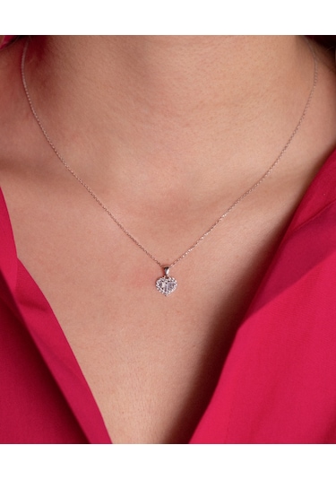 Diamond Line Gülaylar Beyaz Altın 8 Ayar Kalp Kolye