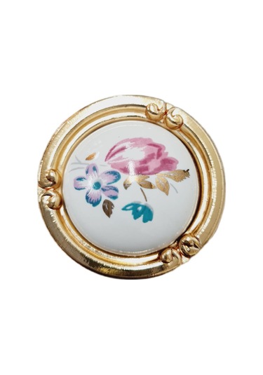 Porselen Düğme Kulp Metal Gold Çiçekli / 5 Adet Altın