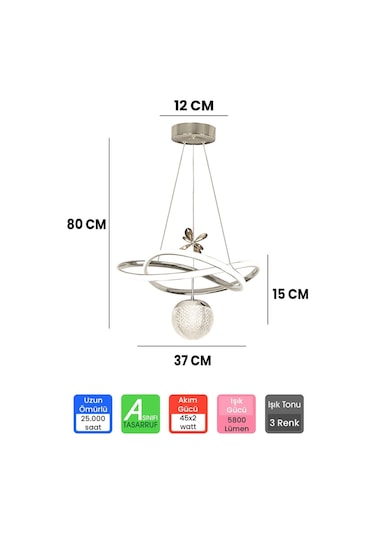 Ransom 3 Renk Toplu Kumandalı Krom Gümüş Dimmerli Led Avize Büyük Yıldız Ledli Avize Gri