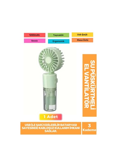 Su Püskürtmeli Ultra Sessiz 3 Kademeli Hafif Kablosuz Taşınabilir Usb Şarjlı Masa El Fanı Vantilatör