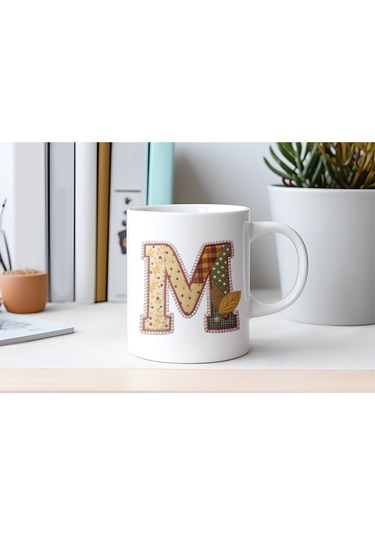 M Harfi Sonbahar Kış Temalı Yamalı Tasarım Kupa Bardak - Etnik Ve Pathwork Severlere Özel Hediye Beyaz