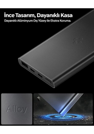 Spigen 10000 Mah Slim Alüminyum Kasa 22,5w Usb-c + Usb-a Giriş / Çıkış Hızlı Şarj 3 Portlu Powerbank / 1 Metre Type-c Harici Kablolu Taşınabilir Şarj Cihazı + Taşıma Çantası Ea2210 Black Siyah