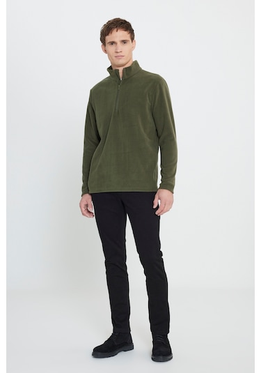 Anti-pilling Tüylenme Yapmayan Standart Fit Bato Yaka Soğuk Geçirmez Sweatshirt Polar Haki