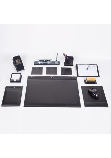 Siyah 10 Parça Düğmeli Sümen Takımı –  Kalemli Kristal Masa İsimlik