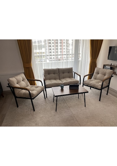 Modern Mars Balkon, Bahçe, Cafe - Salon - Metal Kanepe Koltuk Takımı - 2+1+1 + Sehpa Krem Modernsh55 Krem