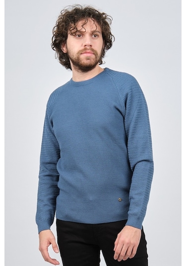 Çizgi Triko Erkek Bisiklet Yaka Slim Fit Kazak 42554259 Mavi Mavi