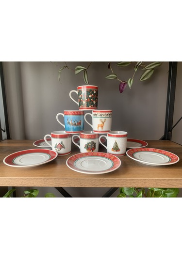 Yeni Yıl-noel Karışık Model 12 Parça 6 Kişilik Porselen Türk Kahvesi Fincan Takımı Çok Renkli