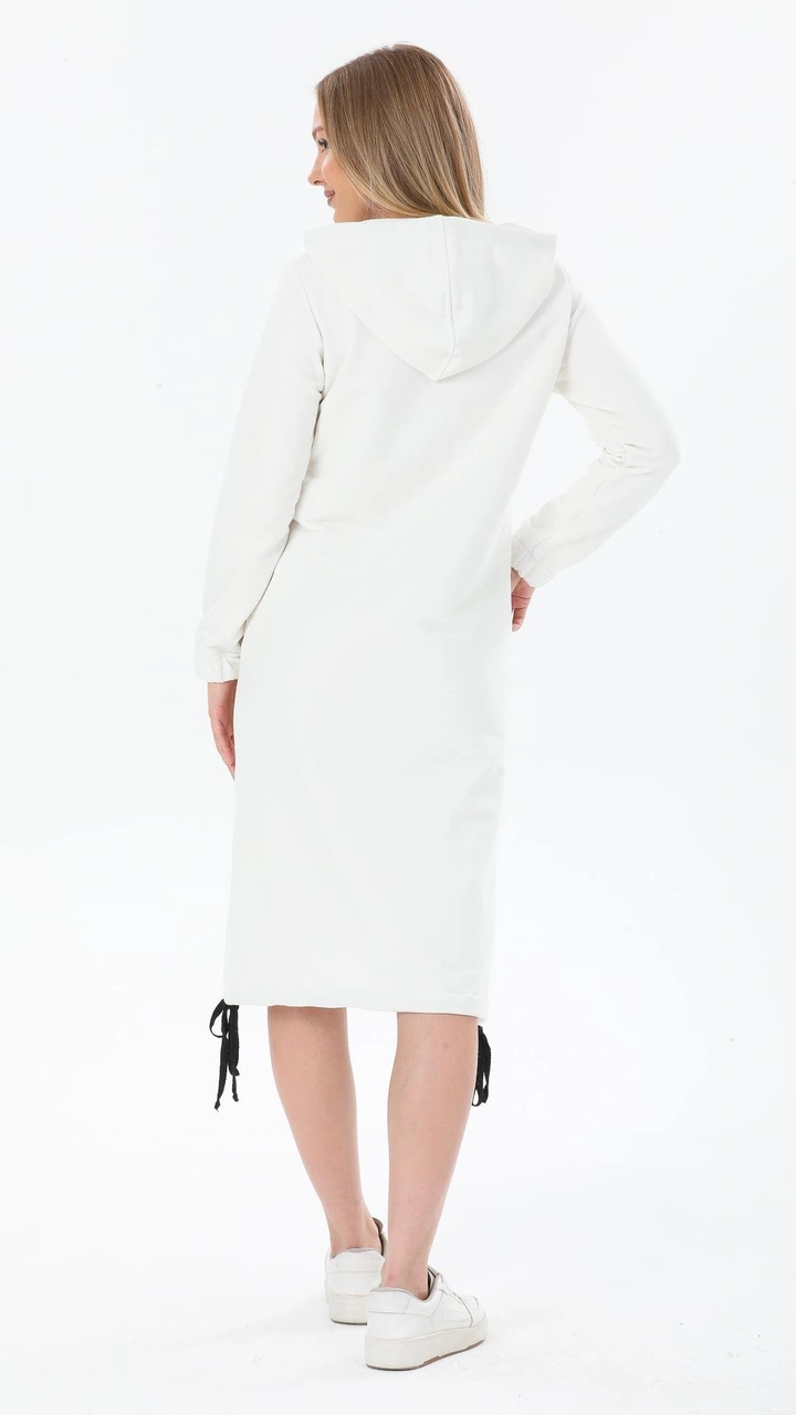 Kadın Uzun Boy Happy Women's Day Yazılı Beyaz Kapüşonlu Cepli Elbise Beyaz