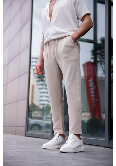 Erkek Bej Renk Likralı Kumaş Jogger Pantolon-1761 Bej