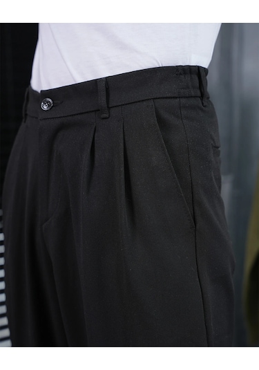 Modefendi Baggy Kesim Pile Detaylı Kumaş Pantolon Siyah