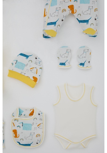 Breeze Erkek Bebek Hastane Çıkışı 8 Li Sevimli Köpekçikler Desenli 0-3 Ay, Ekru Ekru