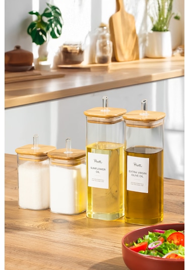 Perotti Cubes Borosilikat 4 Lü Pratik Mutfak Seti Bambu Kapak-yağlık Sosluk Sirkelik Şekerlik Şeffaf