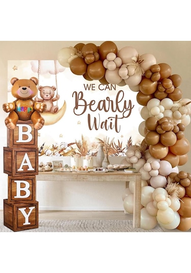 Oyuncak Ayı Temalı Baby Shower Set Ahşap Görünümlü Baby Kutu Ve Retro Balon Zincir Set