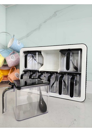 9'lu Baharatlık Takımı Standlı Kendinden Yapışkanlı Kaşıklı Ve Kapaklı Baharatlık Seti Çok Renkli