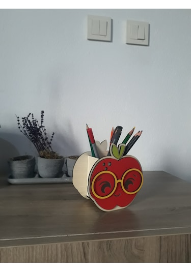 Ahşap Elma Figürlü Kalemlik 13x13x7 Cm